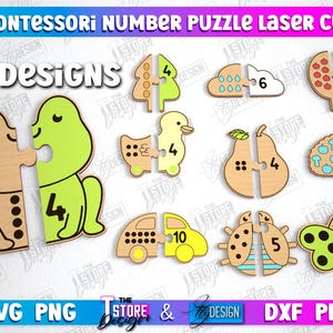 Op de afbeelding: Een houten Montessori-nummerpuzzel lasergesneden met 10 ontwerpen. De puzzelstukjes zijn gevormd als dieren, fruit en objecten, elk in twee delen verdeeld met een nummer aan één kant. De tekst "MONTESSORI NUMBER PUZZLE LASER CUT" en "10 DESIGNS" is inbegrepen.