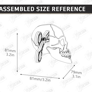 Puede incluir: Dibujo lineal de una calavera con un objeto en forma de llave insertado. La imagen incluye referencias de tama&ntilde;o: 81 mm de alto, 81 mm de ancho y 79 mm de profundidad. El texto en la parte superior dice "ASSEMBLED SIZE REFERENCE".