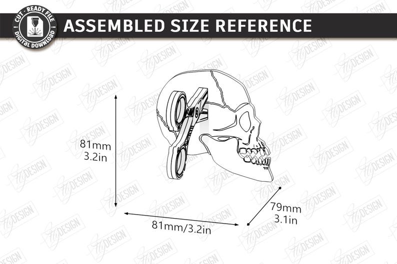 Puede incluir: Dibujo lineal de una calavera con un objeto en forma de llave insertado. La imagen incluye referencias de tama&ntilde;o: 81 mm de alto, 81 mm de ancho y 79 mm de profundidad. El texto en la parte superior dice "ASSEMBLED SIZE REFERENCE".