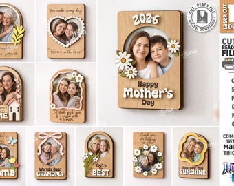 May include: A collection of ten wooden photo frame designs featuring laser-cut details, floral accents, and engraved text such as Happy Mother's Day, World's Best Mama, and You are my sunshine, presented as digital files for laser cutting.