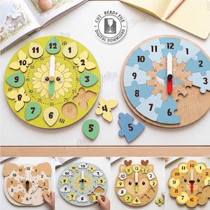 May include: A collection of digital laser cut clock puzzle designs featuring various themes like sunflowers, animals, and shapes. Each circular clock includes numbered puzzle pieces, movable hands, and minute markers. Files are provided in CDR, SVG, PNG, DXF, PDF, and EPS formats for laser cutting.