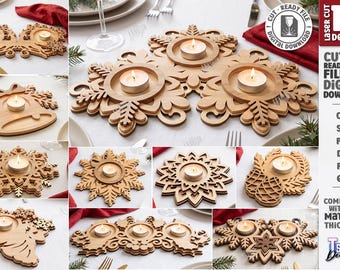 Christmas Candle Holder SVG - Laser Cut Layered Wooden Tealight Centerpiece - Snowflake Holiday Table Decor - Christmas Candle Tray svg