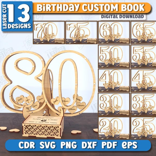 Libro de cumpleaños personalizado cortado a láser, libro de visitas de cumpleaños, caja de madera, alternativa al libro de visitas, decoración de cumpleaños, caja con forma de número, tarro de cristal.