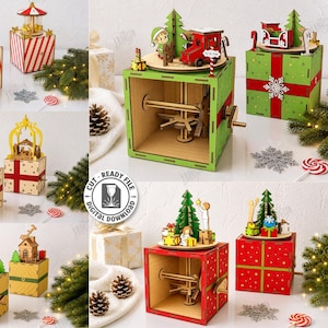 May include: Five laser-cut wooden Christmas music box designs featuring rotating scenes like a carousel, a train, a nativity, a house, and gifts. Each box has a crank mechanism, measures 3mm in material width, and includes digital files.