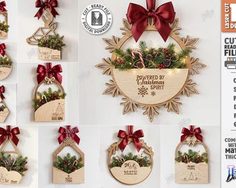 Soporte para follaje navideño SVG - Decoración navideña de pared cortada con láser - Bolsillo floral navideño de madera - Alternativa a la corona navideña SVG