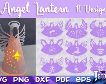 May include: Ten designs for angel lantern cut files. The designs feature angels with various patterns, including snowflakes, stars, and reindeer. The designs are in purple and white.