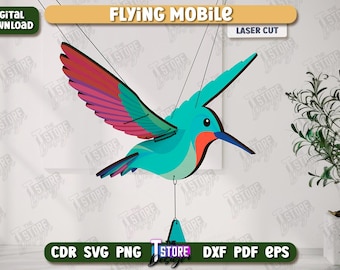 Mobile volant en bois découpé au laser, colibri volant mobile découpé au laser, jouet oiseau volant avec ailes mobiles, décoration de chambre d'enfant, oiseau volant en bois