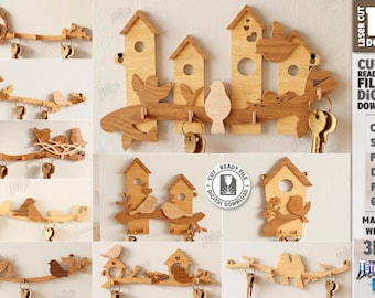 Ganchos de pared rústicos 3D con pájaros cortados con láser, toallero de granja, decoración de pared SVG, llaveros rústicos, llavero con ganchos