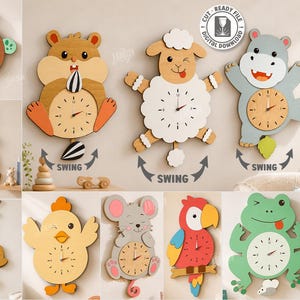 May include: A collection of ten laser-cut wooden wall clock designs featuring various animal characters including a turtle, hamster, sheep, hippo, donkey, monkey, chick, mouse, parrot, and frog. The digital files support 3mm material width.