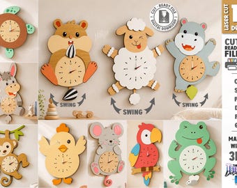 Animal Pendulum Clock SVG – Laser Cut Wooden Nursery Wall Clock (Digital Download)