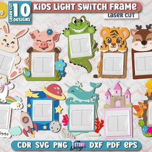 以下が含まれることがあります： さまざまなデザインの、レーザーカットされた子供用ライトスイッチフレーム10個セット。ウサギ、豚、カエル、トラ、鹿、ユニコーン、ロケット、クジラ、城、恐竜など、動物やファンタジーをテーマにしたフレームです。「KIDS LIGHT SWITCH FRAME」の文字が見えます。