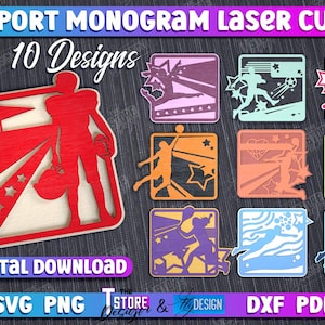 Personalized Sport Monogram Laser Cut SVG Bundle, Sports Themed Door, Wall Hanger, Custom sports name signs laser cut, american football
