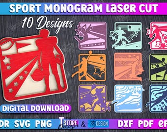 Paquete SVG de monograma deportivo personalizado cortado con láser, puerta con temática deportiva, colgador de pared, letreros con nombres deportivos personalizados cortados con láser, fútbol americano