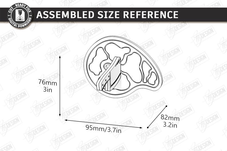 Puede incluir: Dibujo lineal de un objeto ensamblado con referencias de tama&ntilde;o. El objeto tiene una forma abstracta con una pieza vertical central. Dimensiones: 76 mm de alto, 95 mm de ancho y 82 mm de profundidad.