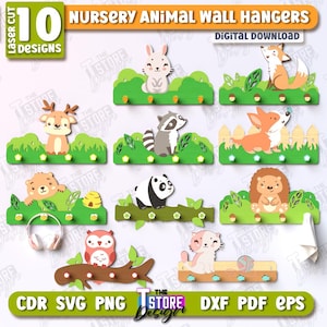 May include: Ten nursery animal wall hangers, each with a different animal design. The hangers are green with a 6mm thickness (1/4 in). The image includes the text "Nursery Animal Wall Hangers" and "Digital Download".