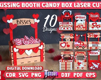 May include: A digital download of 10 laser cut designs for a kissing booth candy box. The designs feature hearts, the words "kissing booth", and "kisses". The designs are available in CDR, SVG, PNG, DXF, PDF, and EPS formats.