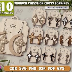 May include: A selection of laser-cut wooden Christian cross earrings, showcasing ten different designs. The earrings feature crosses, moons, and floral patterns. The image includes the text "Wooden Christian Cross Earrings" and "Digital Download".