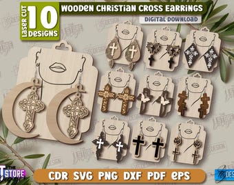 Wooden Christian cross earrings laser cut bundle , cross dangle earrings, boho jewelry laser cut, Christian cross drop earrings, Jesus svg