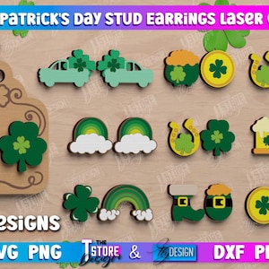 May include: Ten St. Patrick's Day themed stud earring designs for laser cutting. The designs include shamrocks, rainbows, leprechaun hats, beer mugs, horseshoes, and a car with a shamrock on top.