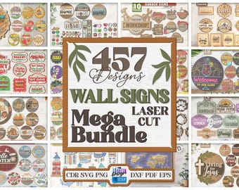 Mega paquete de 457 letreros de pared cortados con láser, letreros redondos 3D SVG, letreros de temporada cortados con láser, decoración de pared de madera, SVG de Navidad, mapa del mundo, Halloween