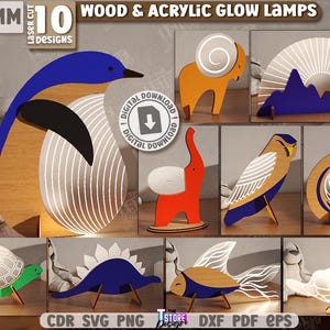 3d wood and acrylic glow lamp laser cut bundle, animals lightbox svg, standing led lamp svg, shelf sitter svg, Kids led night stands laser