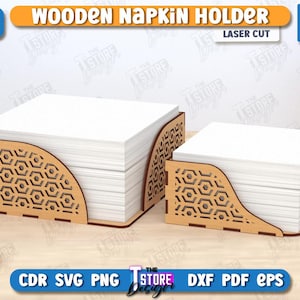 May include: Two wooden napkin holders with a geometric pattern. The holders are made of 3mm (1/8 inch) thick wood and are laser cut. The holders are empty and ready to be used.
