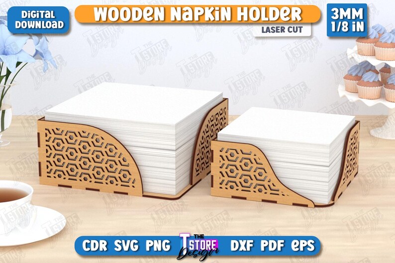 May include: Two wooden napkin holders with a geometric pattern. The holders are made of 3mm (1/8 inch) thick wood and are laser cut. The holders are empty and ready to be used.