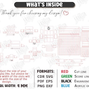 May include: A digital design layout with red cut lines, green score lines, black engraving lines, and blue acrylic or glass lines. The text "WHAT'S INSIDE" is at the top. The material width is 4 mm.