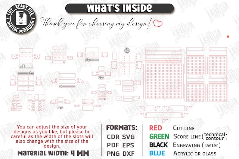 May include: A digital design layout with red cut lines, green score lines, black engraving lines, and blue acrylic or glass lines. The text "WHAT'S INSIDE" is at the top. The material width is 4 mm.