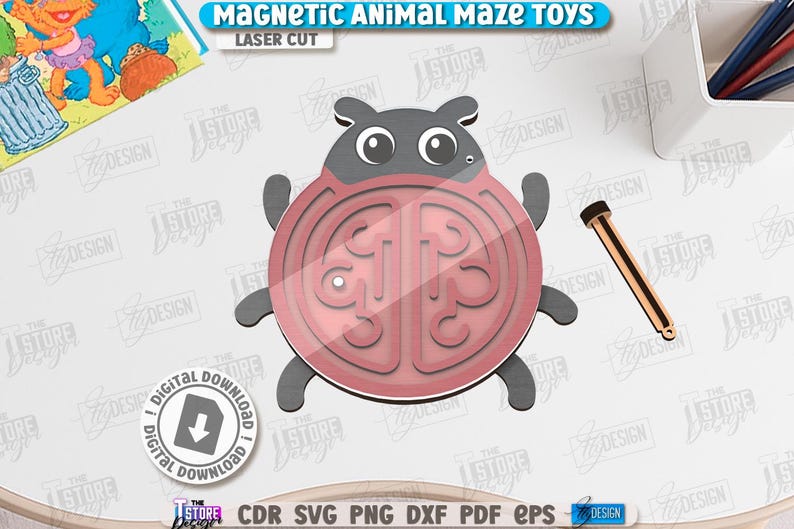 May include: A laser-cut magnetic animal maze toy in the shape of a ladybug. The ladybug is red and gray with a clear plastic top. A wooden stylus is included. The text "MAGNETIC ANIMAL MAZE TOYS" and "LASER CUT" are visible.