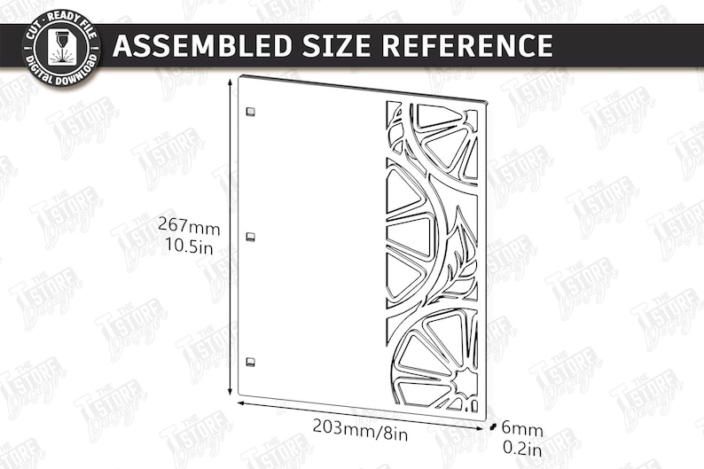 May include: A laser-cut panel with a citrus fruit design, measuring 10.5 inches high, 8 inches wide, and 0.2 inches thick. The design includes orange slices and leaves. The text "ASSEMBLED SIZE REFERENCE" is at the top.