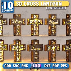 Puede incluir: Diez faroles de cruz 3D cortados con láser con varios diseños, incluyendo un árbol, las palabras "Esperanza", "Fe" y "Paz", y otros símbolos religiosos. Los faroles son de madera oscura e iluminados desde dentro. También se ve el texto "3mm 1/8 in" y "10 Designs".