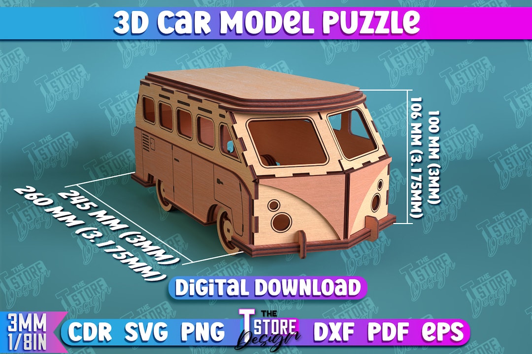 3D Car Model Puzzle | Retro Bus Laser Cut | Retro Car Lasercut