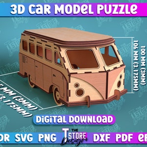 3D Car Model Puzzle | Retro Bus Laser Cut | Retro Car Lasercut files |  Van 3D Car Model Laser Cut Files | CNC Files | Gravure Laser Design