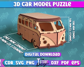 3D Automodell Puzzle | Retro Bus Laser Schnitt | Retro Auto Lasercut Dateien | Van 3D Auto Modell Laser Cut Files | CNC-Dateien | Gravur Laser Design