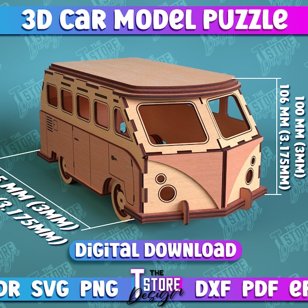 3D Car Model Puzzle | Retro Bus Laser Cut | Retro Car Lasercut files |  Van 3D Car Model Laser Cut Files | CNC Files | Gravure Laser Design