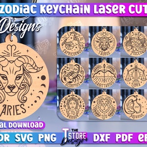 Brelok do kluczy ze znakami zodiaku wycinany laserowo, astrologia SVG, okrągły brelok do kluczy z horoskopami, zestaw drewnianych breloków ze znakami zodiaku, spersonalizowany grawerowany brelok