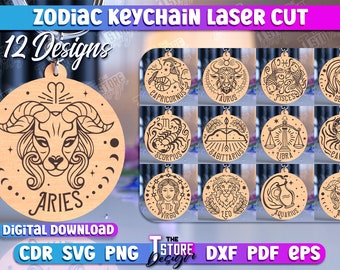 Zodiac Signs Keychain Lasercut,  Astrology SVG, Round Horoscopes Keychain, Wooden zodiac keychains bundle, personalised engraved key ring