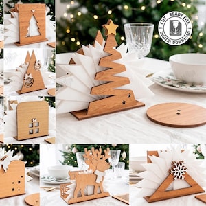 Puede incluir: Una colección de diez diseños de servilleteros de madera cortados con láser con temas navideños como árboles de Navidad, renos y copos de nieve. Los archivos digitales son compatibles con formatos como SVG, DXF y PDF para 3mm de grosor.