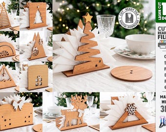 Christmas Napkin Holder SVG - Laser Cut Holiday Napkin Stand - Wooden Christmas Table Decor - 10 Festive Designs svg