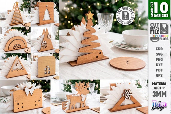Christmas Napkin Holder SVG - Laser Cut Holiday Napkin Stand - Wooden Christmas Table Decor - 10 Festive Designs svg