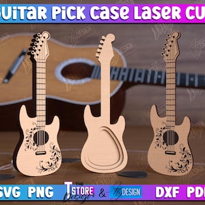 May include: Three laser cut guitar pick cases with intricate floral designs. The cases are made of wood and are ready to be assembled. The cases are perfect for storing guitar picks and other small items.