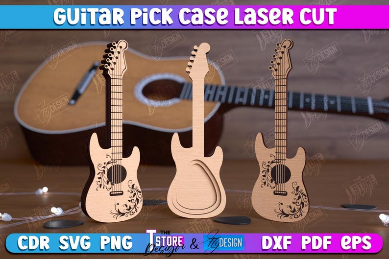 May include: Three laser cut guitar pick cases with intricate floral designs. The cases are made of wood and are ready to be assembled. The cases are perfect for storing guitar picks and other small items.