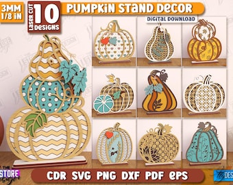 3D pumpaställdekor laserskuret paket, lager av blommiga pumpor svg, höstheminredning, hösthyllesittare laserskurna, boho heminredning svg