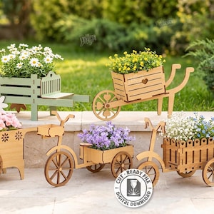 May include: Five laser-cut wooden planter designs including a bench, a wheelbarrow, a cart, and two tricycle-style planters. The text reads 5 DESIGNS, CUT READY FILE DIGITAL DOWNLOAD, CDR, SVG, PNG, DXF, PDF, EPS, MATERIA WIDTH: 3MM.