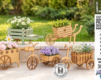 Wheelbarrow Planter SVG - Garden Flower Cart Laser Cut - Farmhouse Wooden Planter - Rustic Outdoor Decor svg