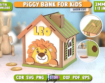 Alcancía infantil con forma de león, cortada a láser, personalizada con nombre, regalo para niños, decoración infantil, caja de ahorros, caja de dinero.