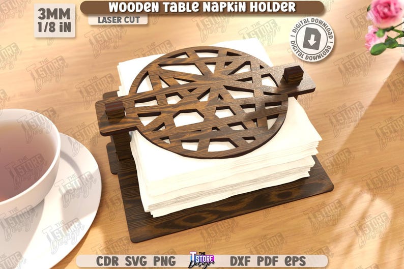 May include: Wooden table napkin holder with a laser-cut design. The holder is made of dark brown wood and holds a stack of white napkins. The design includes the text "WOODEN TABLE NAPKIN HOLDER" and "LASER CUT". The holder is 3mm (1/8 in) thick.