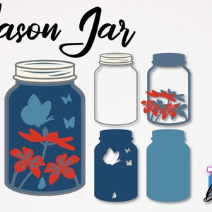 May include: A digital design file for a mason jar with red flowers and blue butterflies inside. The design is available in SVG, DXF, EPS, PDF, and PNG formats.
