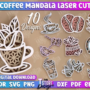 Könnte beinhalten: Zehn digitale Designs zum Laserschneiden von Kaffee-Mandala-Motiven. Die Designs beinhalten eine Kaffeetasse mit Bohnen, eine Kaffeekanne, eine Kaffeetasse mit einem Wirbelmuster und einen Beutel mit Kaffeebohnen. Die Designs sind in Schwarzweiß und bereit zum Schneiden auf einem Laserschneider.